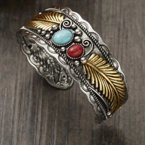 Takahashi Goro's Handmade Silver Golden Feather Cuff Bracelet Bangle